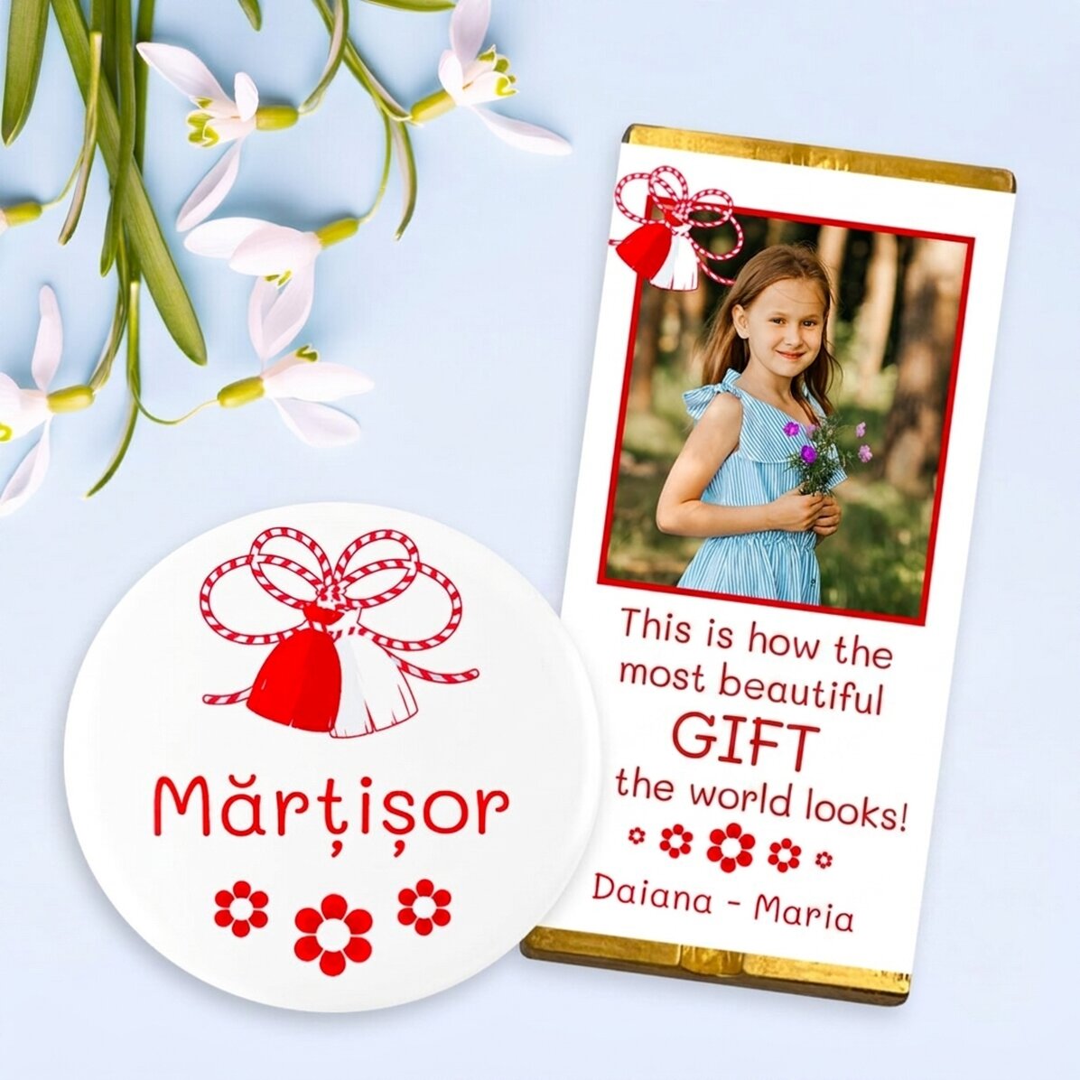 Gift set with badge and mini chocolate bar personalised with photo and text