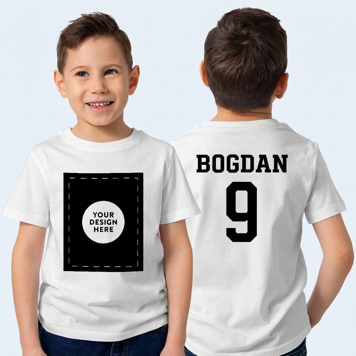 Personalised cotton T-shirt for children, front and back with your graphics and text