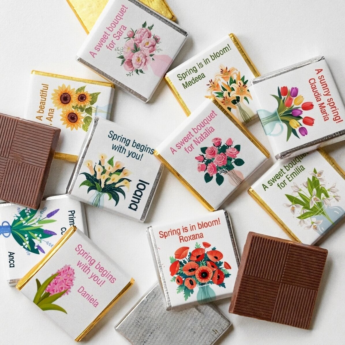 Set of 10 mini chocolates personalised with text - Flowers