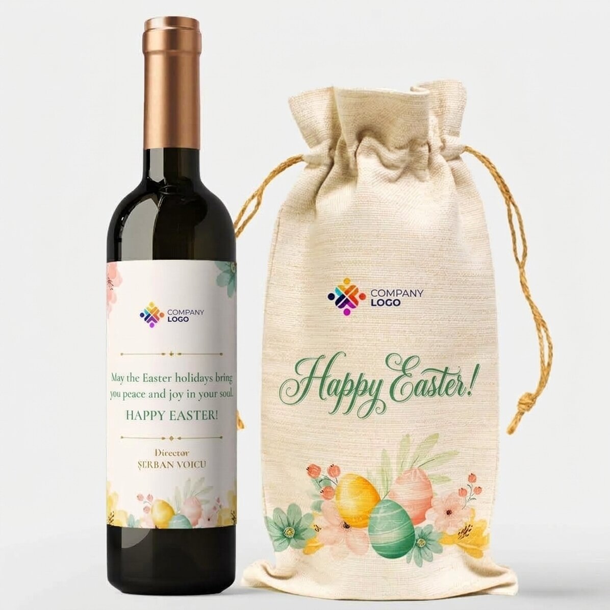 Gift set with personalised wine bottle and bag with logo - Happy Easter!