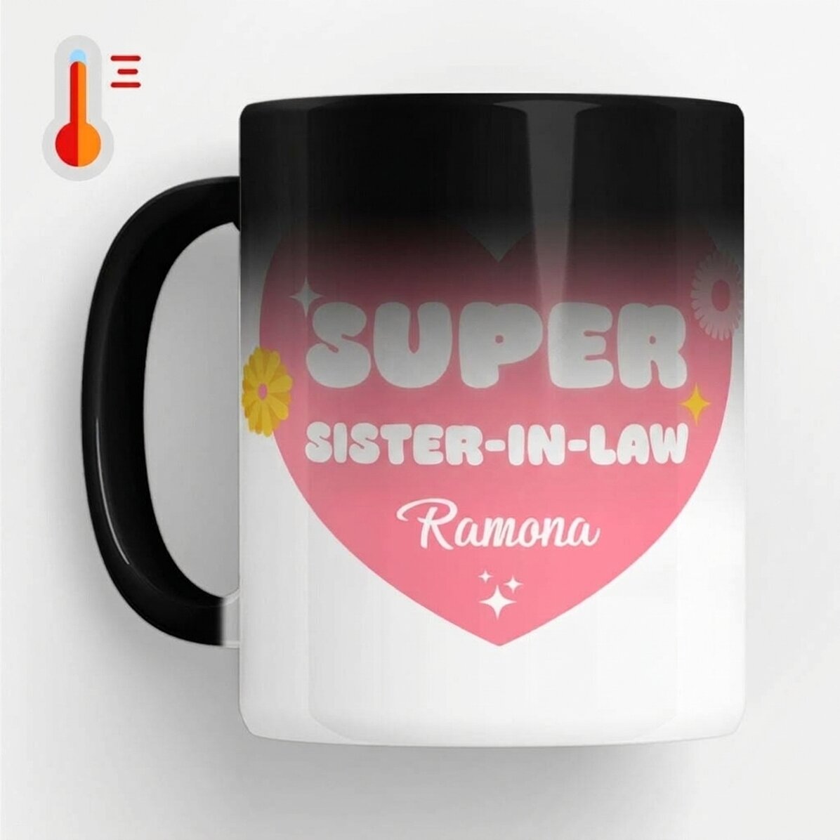Personalised heat-sensitive mug with text – Super Sister-in-Law
