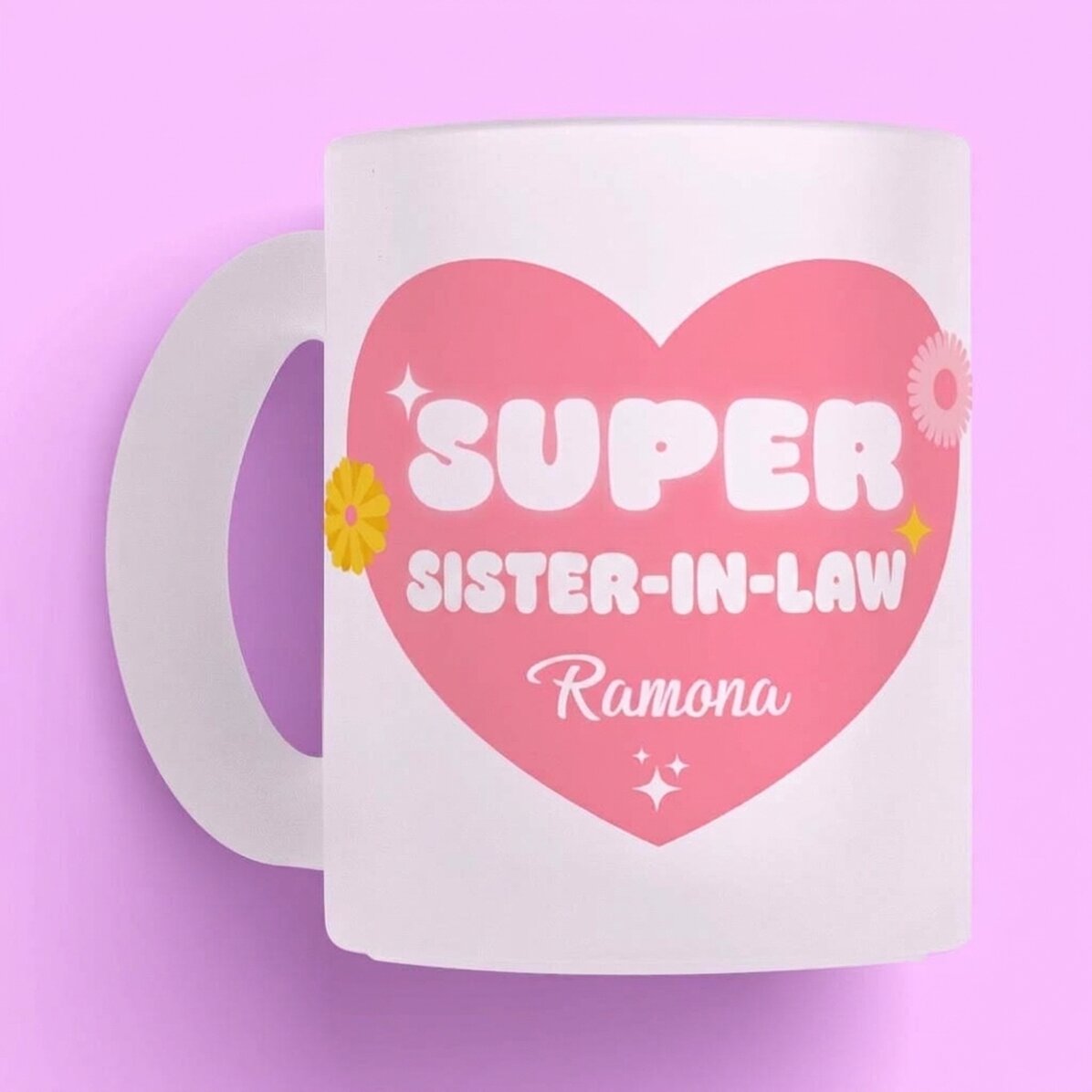 Personalised frosted glass mug with text – Super sister-in-law