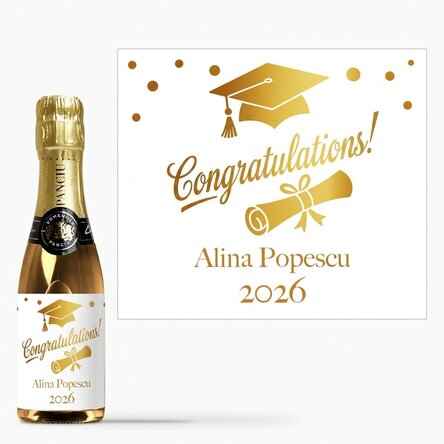 Mini bottle of sparkling wine, personalised with a graduation message – Gold