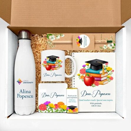 Personalised gift set for teachers, featuring a message and logo