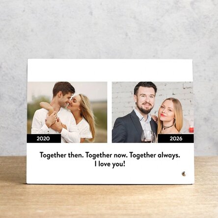 Personalised desk photo frame with text and 2 photos – Then and now