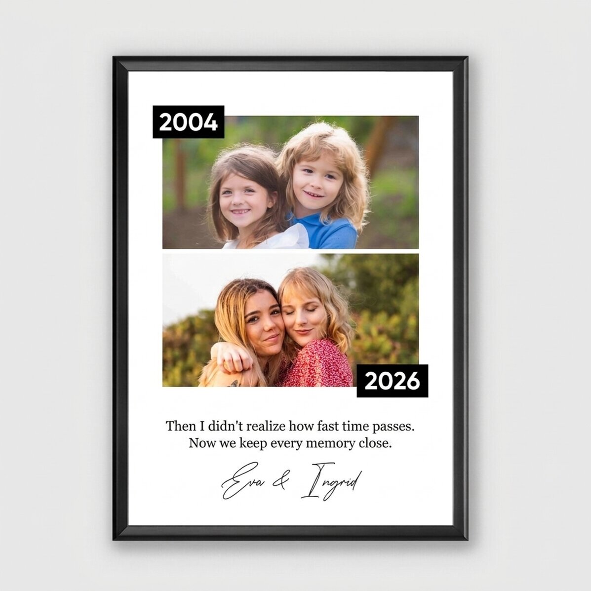 Personalised picture frame with 2 photos and a message – Then and now