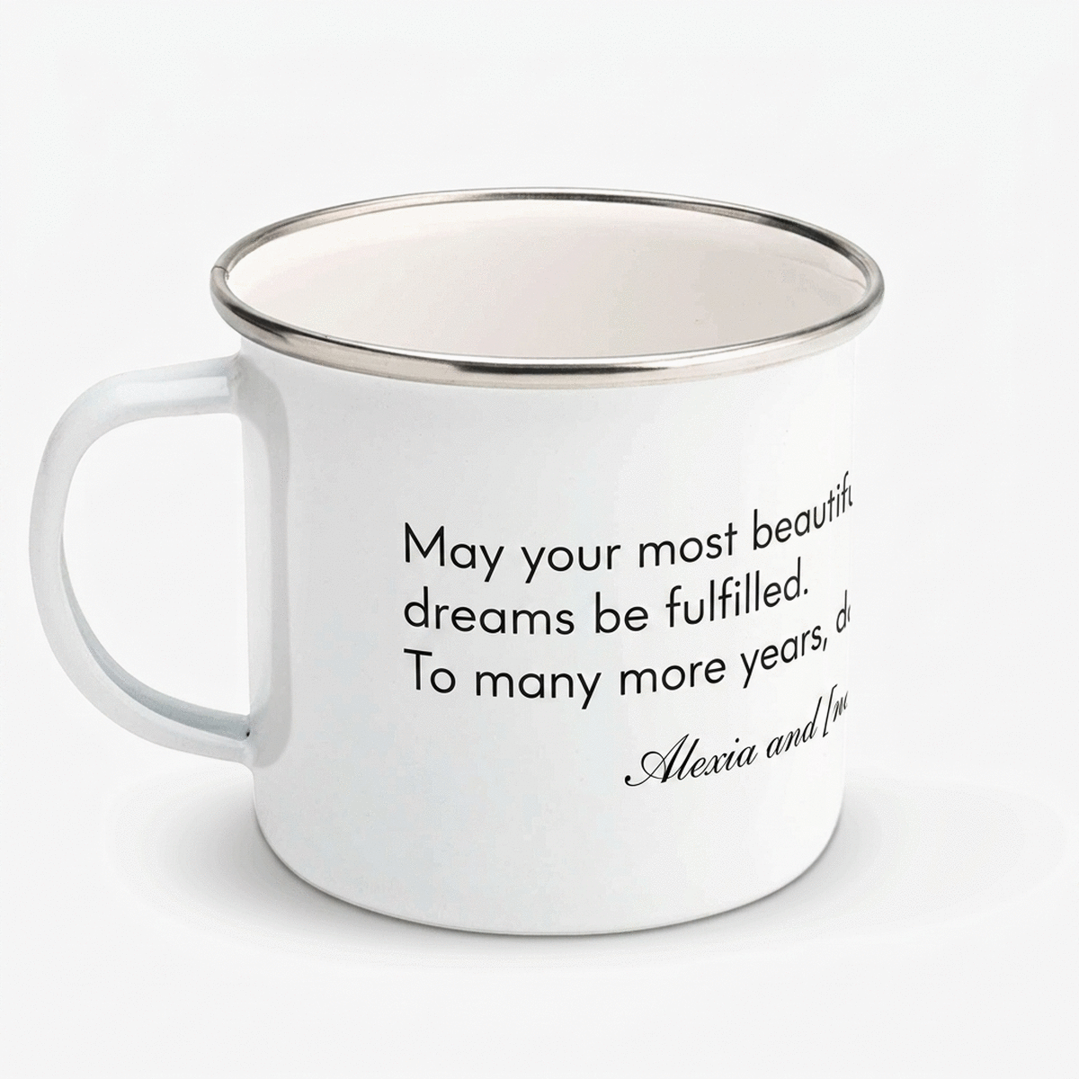 Personalised enamel mug with a message