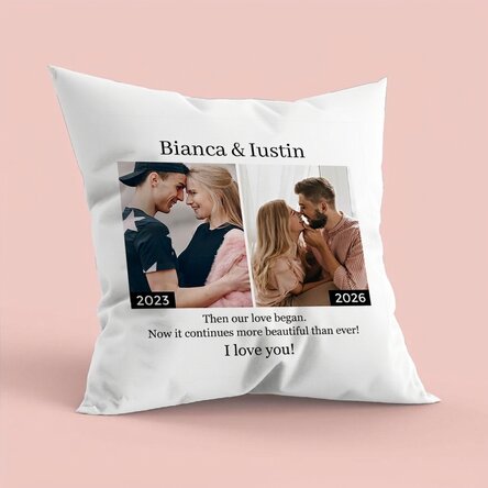 Personalised cushion with 2 photos and text – Then and now