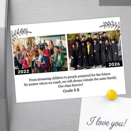 Personalised 18x13cm magnet featuring 2 photos and text – Then and now
