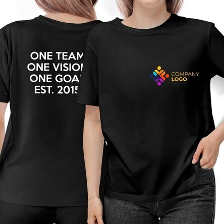 Personalised cotton T-shirt with a logo on the front and text on the back