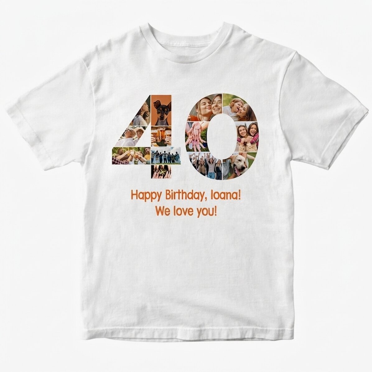 Personalised cotton T-shirt with 13 photos and a message – 40th birthday