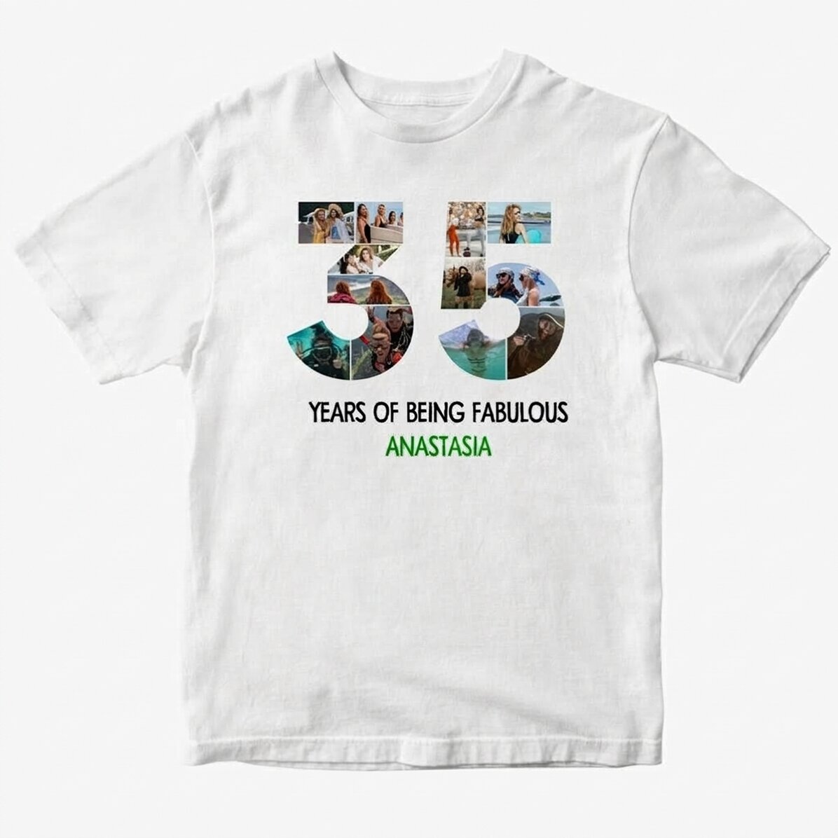 Personalised cotton T-shirt with 12 photos and a message – 35 years
