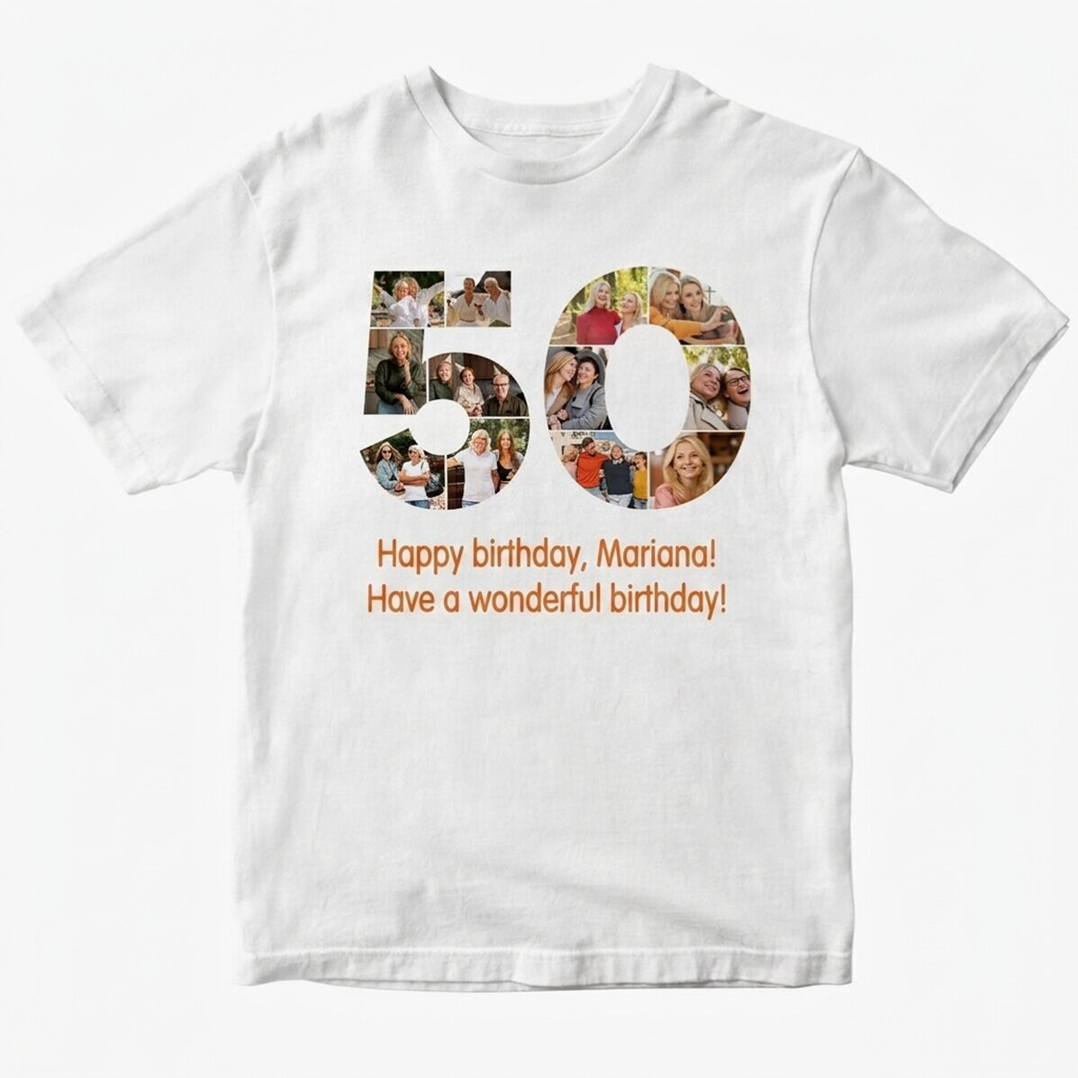 Personalised cotton T-shirt with 12 photos and a message – 50th anniversary
