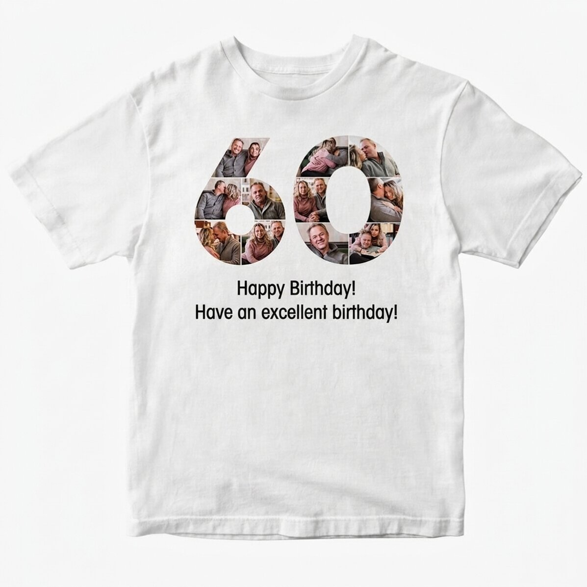 Personalised cotton T-shirt with 11 photos and a message – 60th birthday