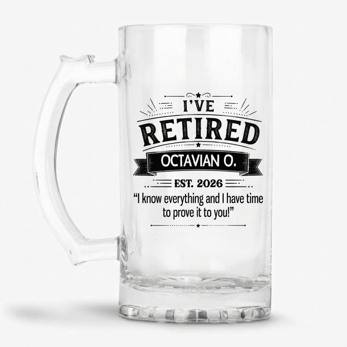 Personalised beer mug with text – Retired