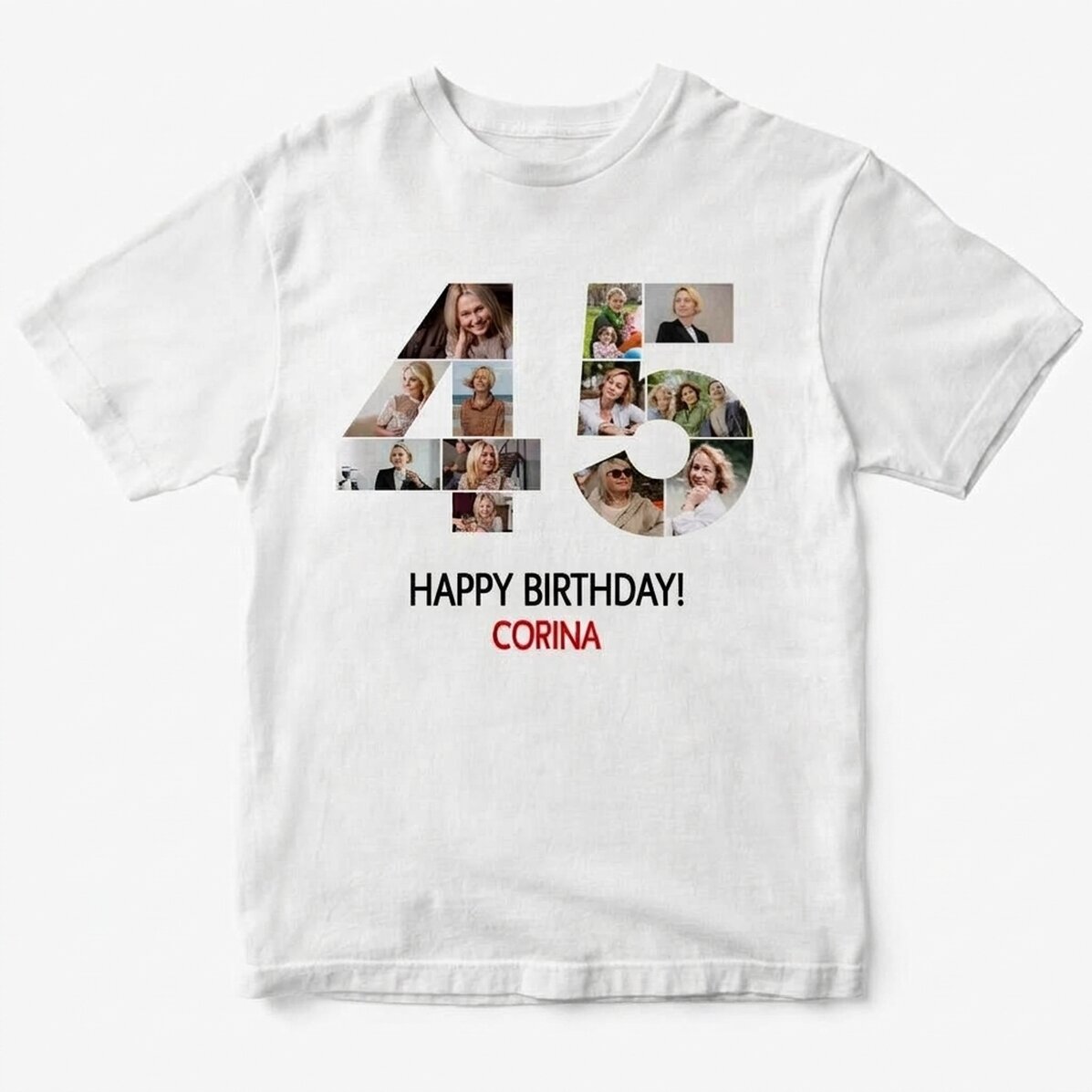 Personalised cotton T-shirt with 12 photos and a message – 45 years