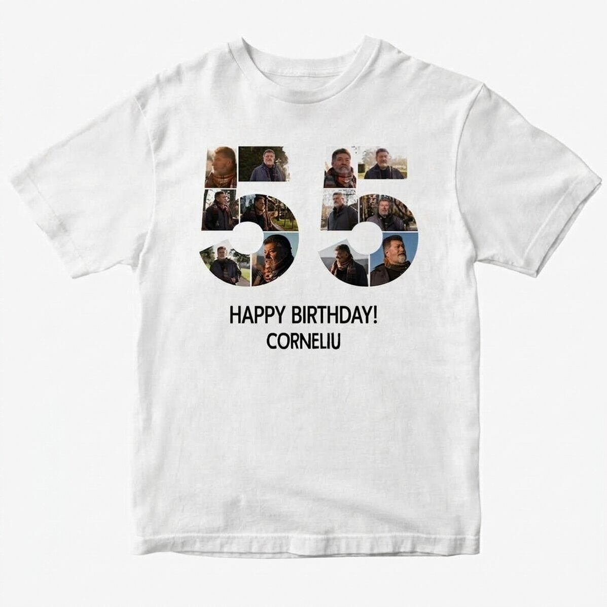 Personalised cotton T-shirt with 12 photos and a message – 55th birthday