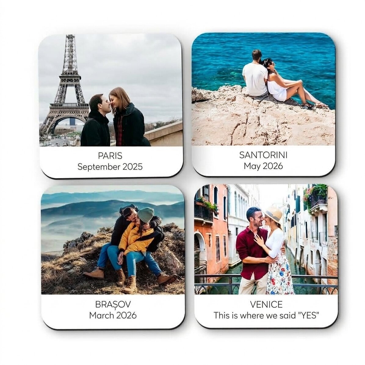 Set of 4 personalised coasters with text and photos