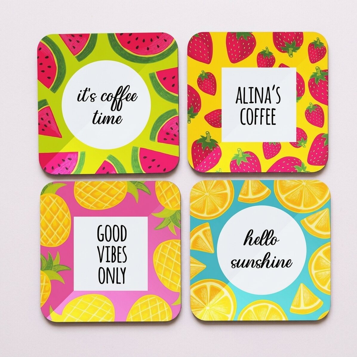Set of 4 personalised coasters with text – Summer