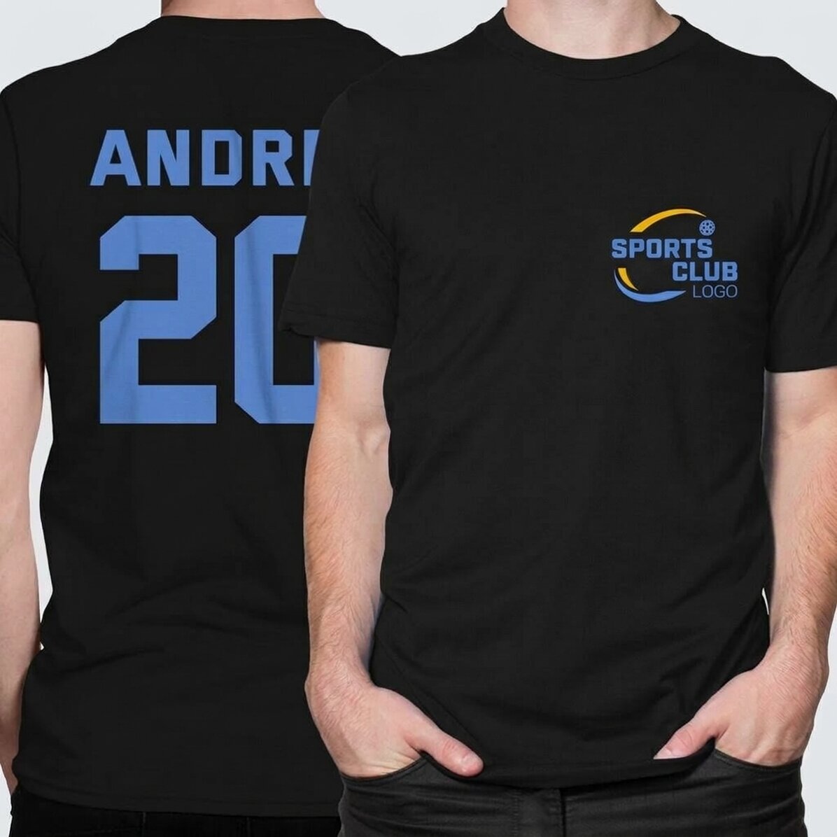 Personalised cotton T-shirt with a logo on the front and a number on the back