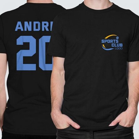 Personalised cotton T-shirt with a logo on the front and a number on the back