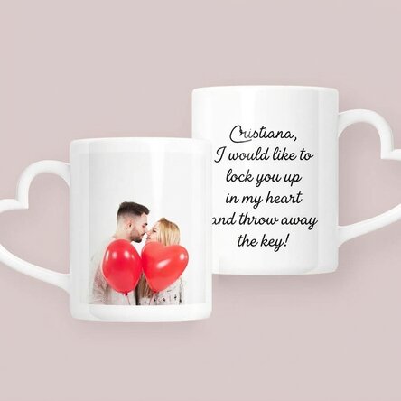 Personalised mug with a photo and text – heart-shaped handle design
