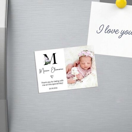 Personalised 10x7 cm magnet with a photo and text – Christening keepsake