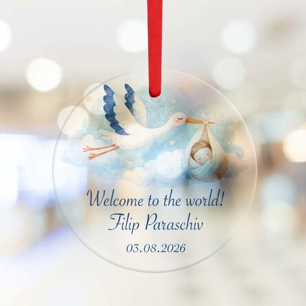 Personalised round ornament with text – Welcome to the world