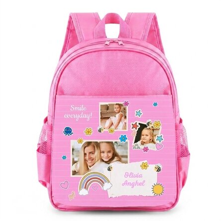 Personalised school bag with 3 photos and a message