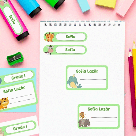Set of 14 personalised stickers for school, for exercise books and stationery