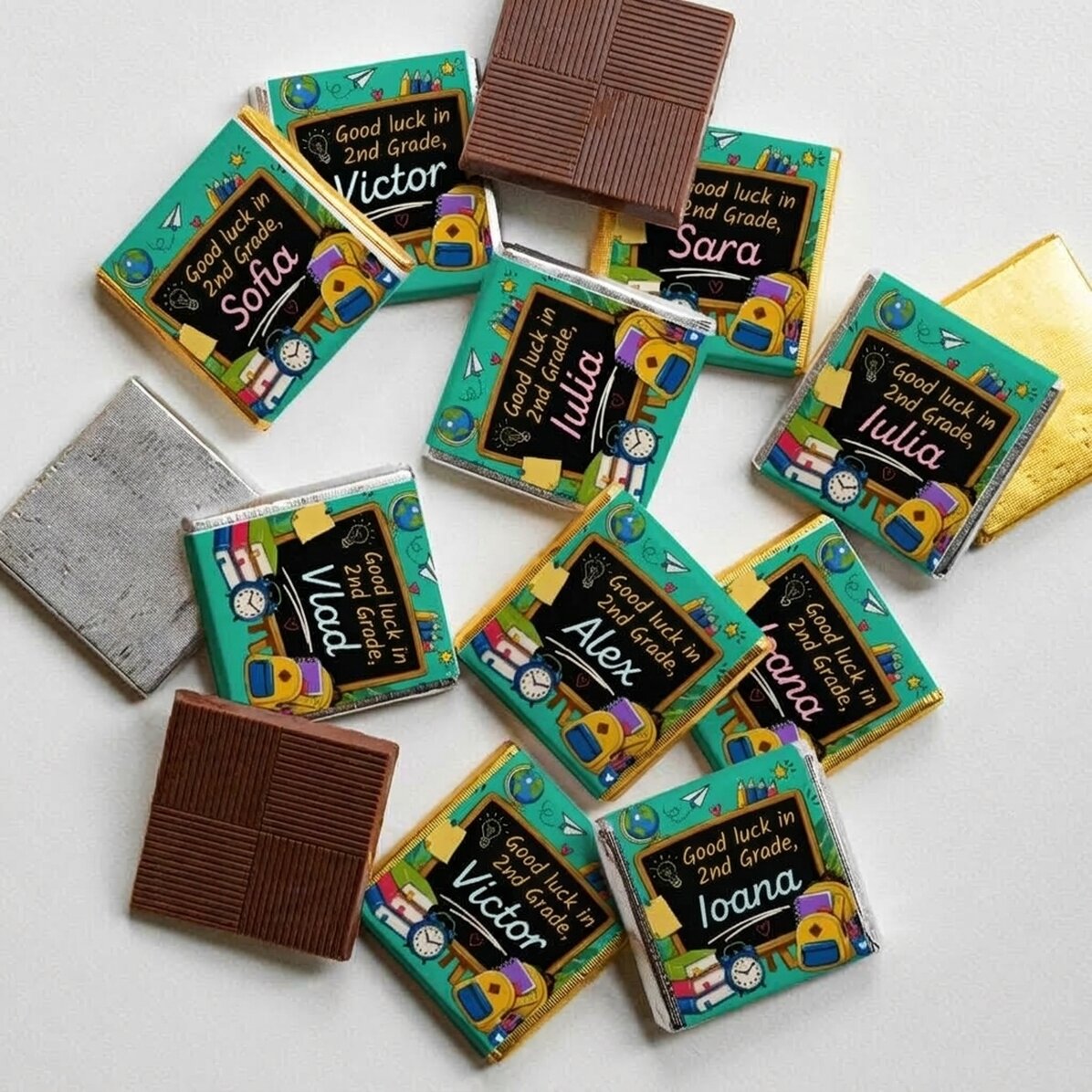 Set of 10 personalised mini chocolates with a message for the start of the school year