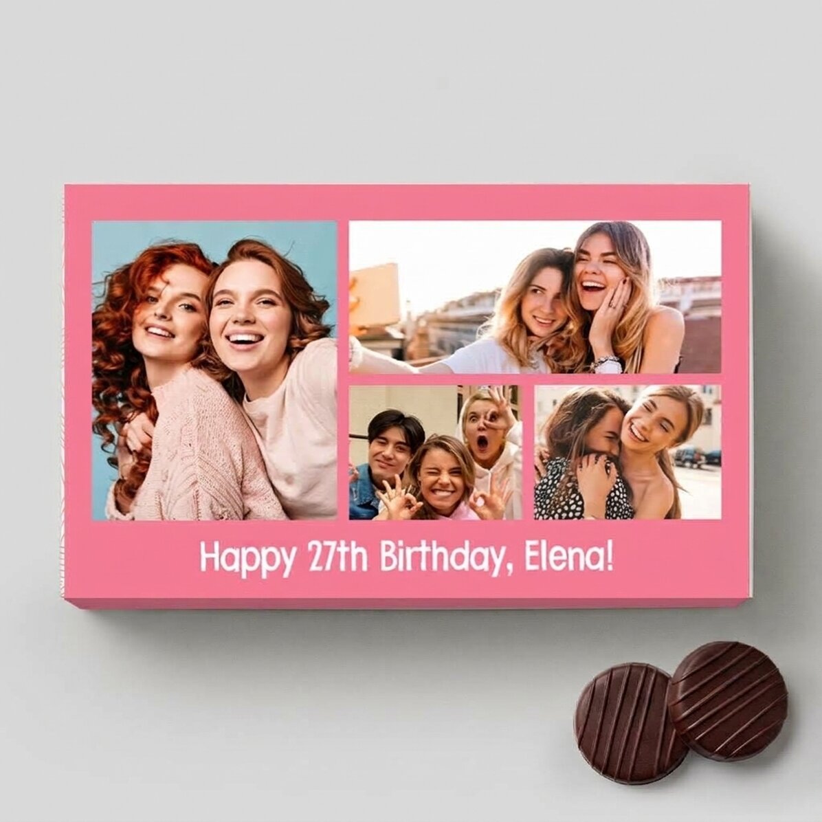 Personalised box of cream-filled sweets with 4 photos and a message