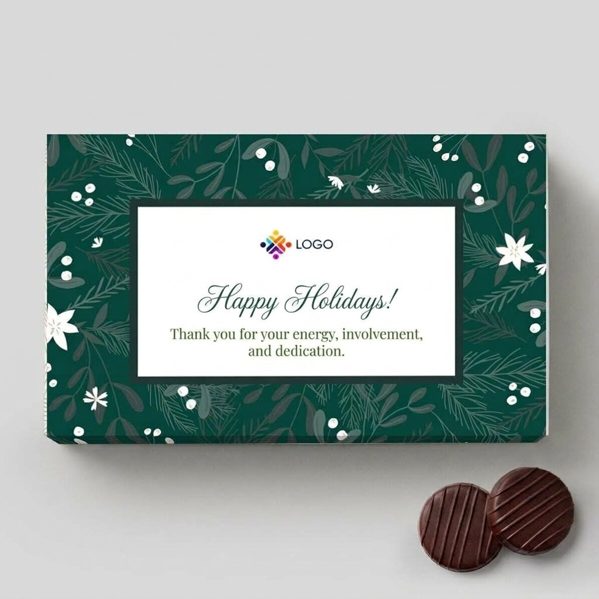 Box of cream-filled chocolates, personalised with a logo and message – Happy Holidays!