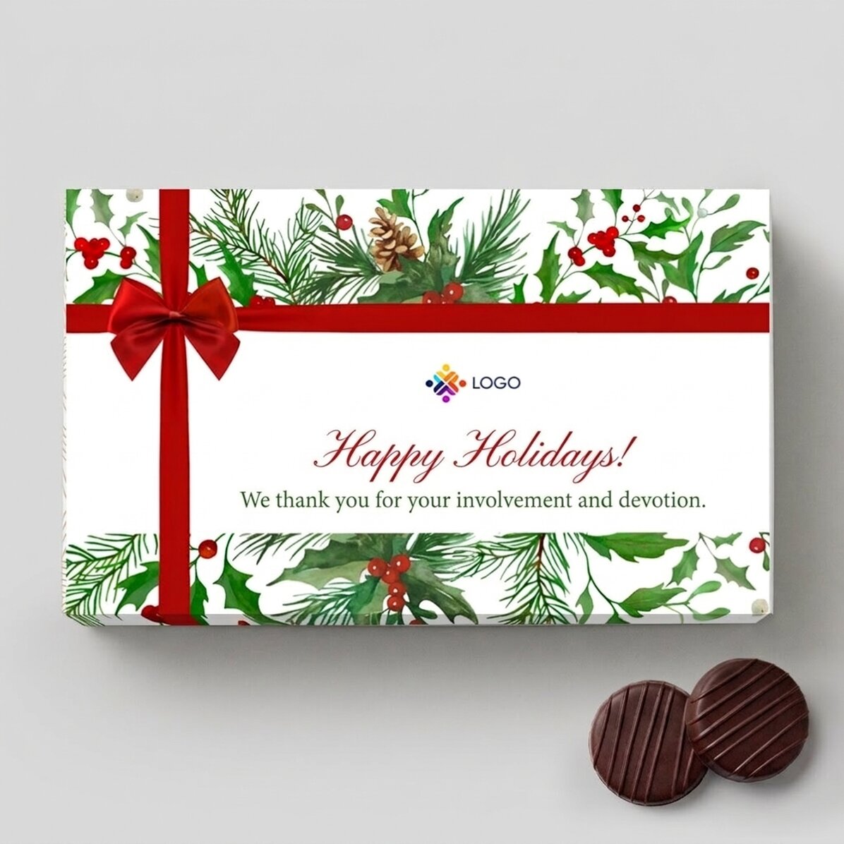 Box of cream-filled sweets, personalised with a logo and message – Christmas design