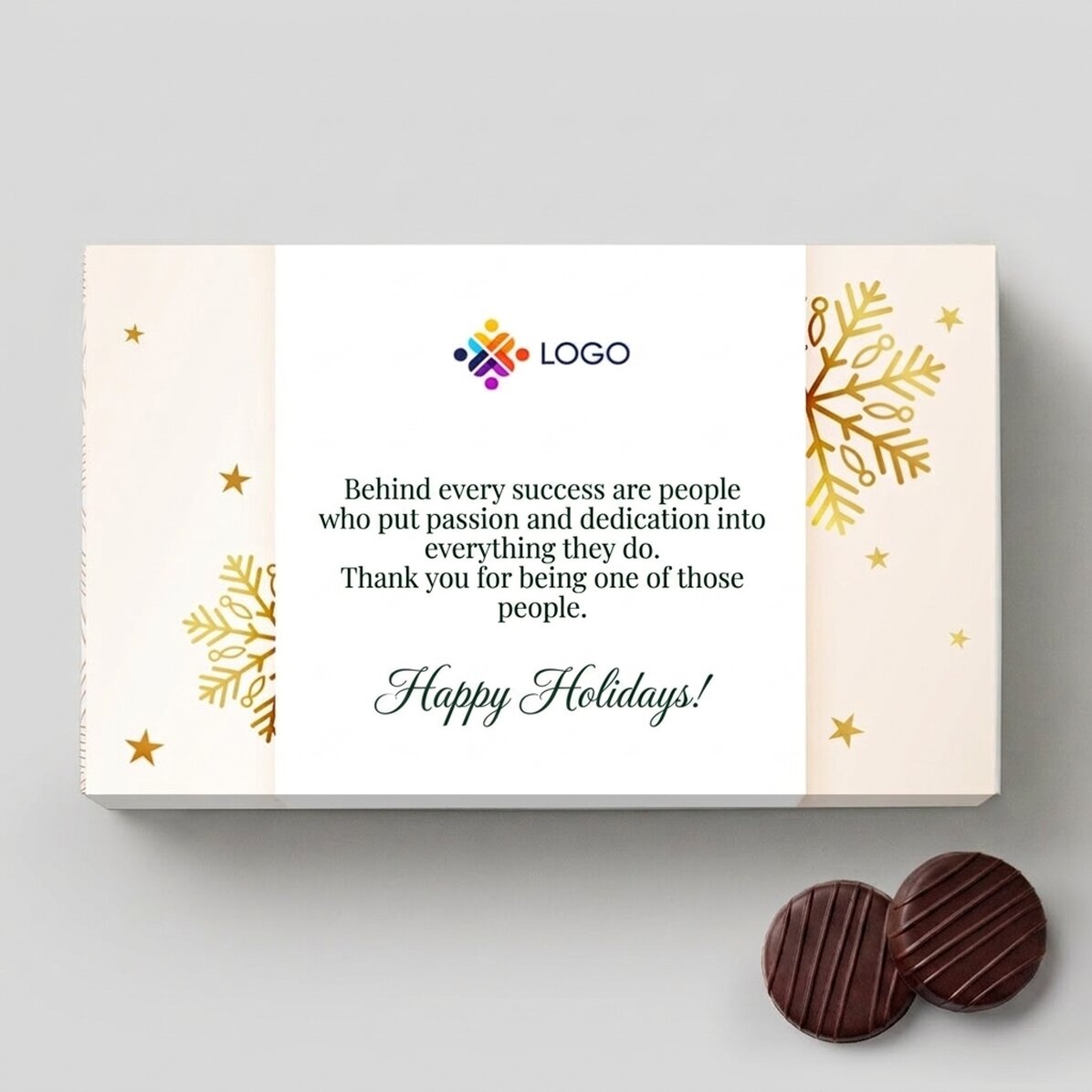 Box of cream-filled chocolates, personalised with a logo and message – Gold Christmas