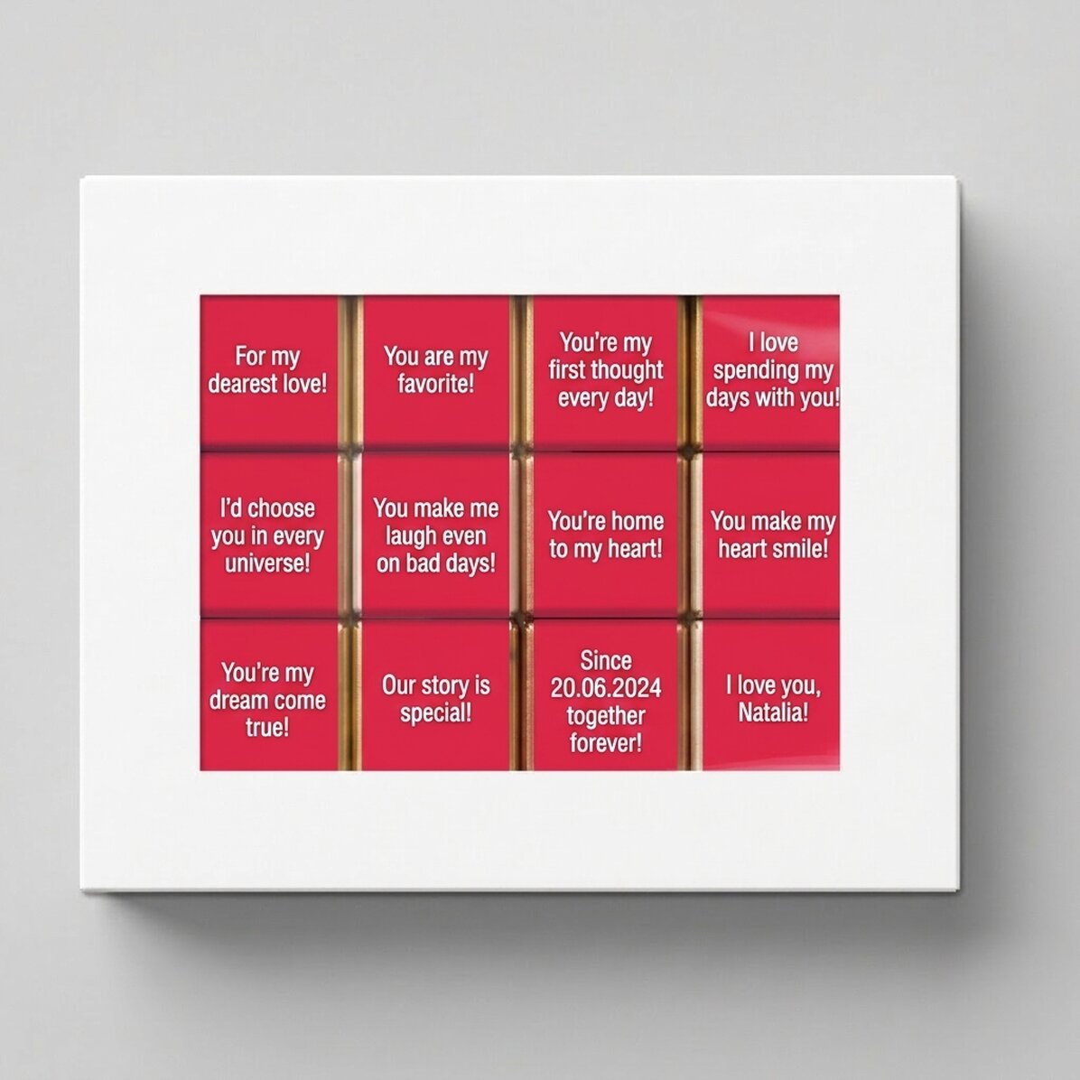Gift box containing 12 personalised mini chocolates with messages