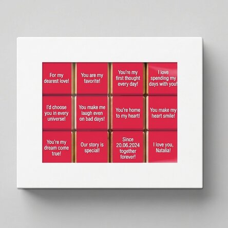 Gift box containing 12 personalised mini chocolates with messages