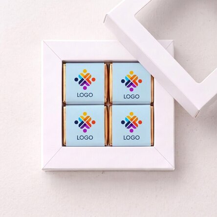 Gift box containing 4 mini chocolates personalised with a logo