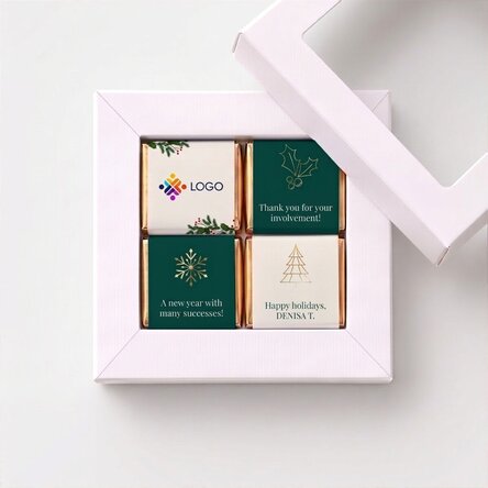 Gift box containing 4 mini chocolates, personalised with a logo and message – Happy Holidays!
