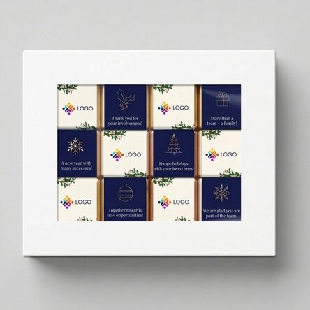 Gift box containing 12 mini chocolates, personalised with a logo and a Christmas message