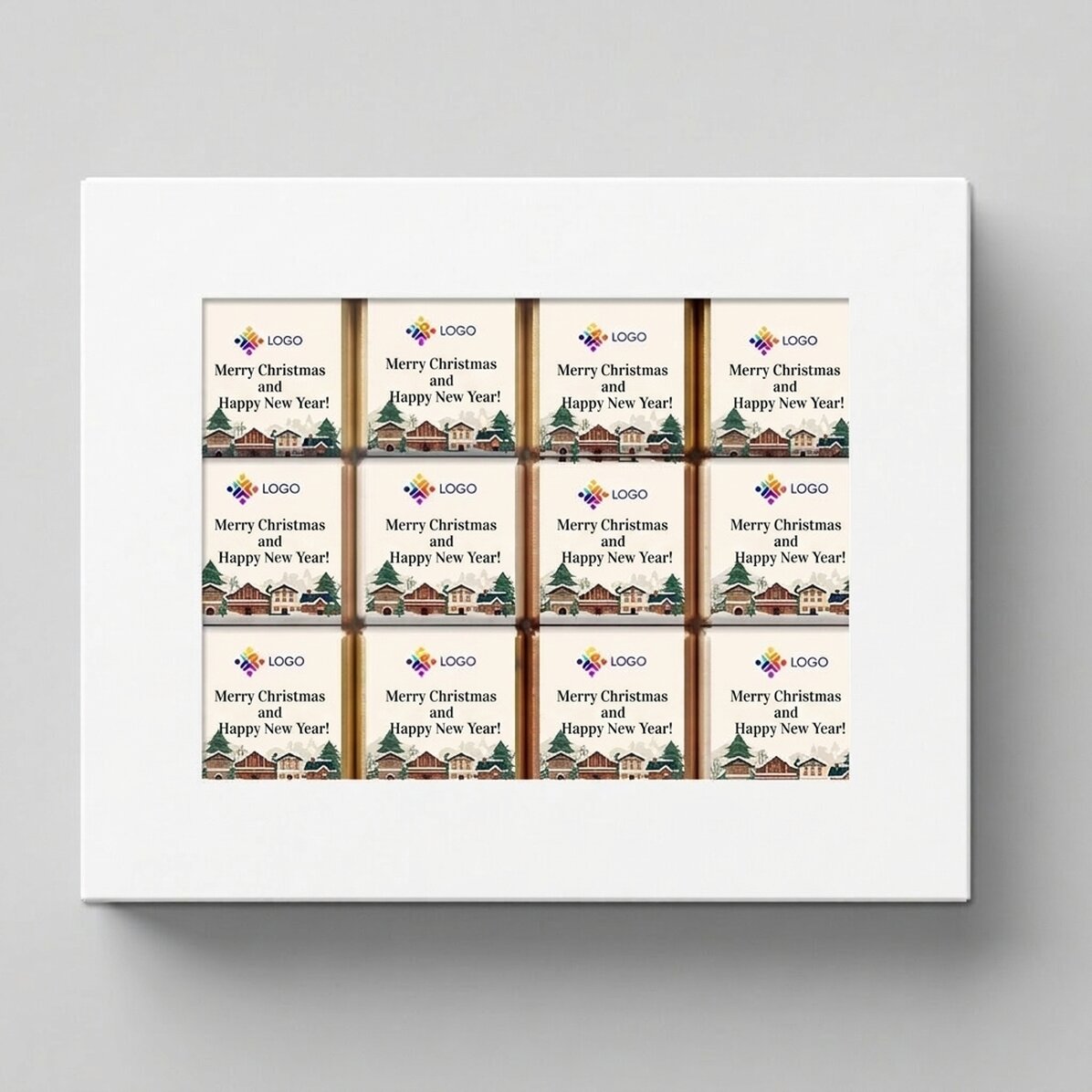Gift box containing 12 mini chocolates, personalised with a logo and Christmas messages