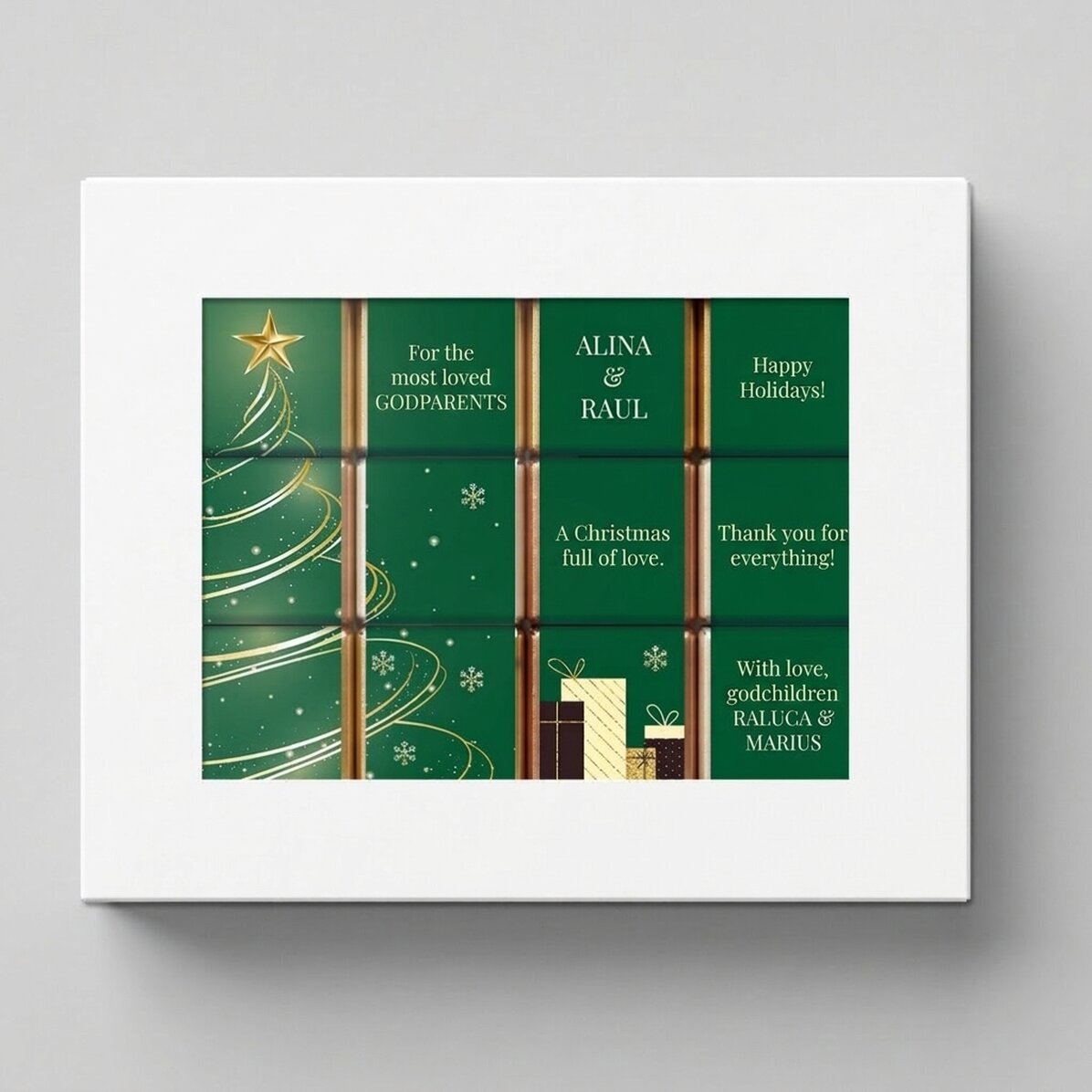 Gift box containing 12 personalised mini chocolates with messages – Christmas tree