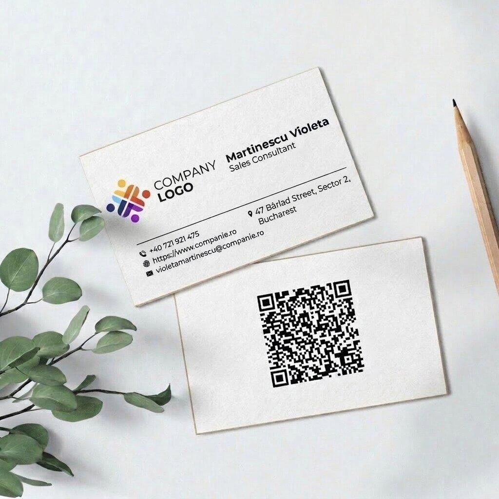 Double-sided personalised paper business cards with a QR code and contact details