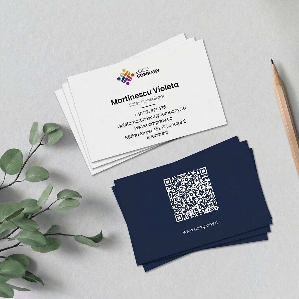 Personalised paper business cards, minimalist design, logo and QR code