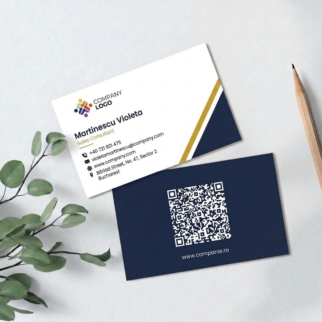 Personalised paper business cards, geometric design, logo and QR code