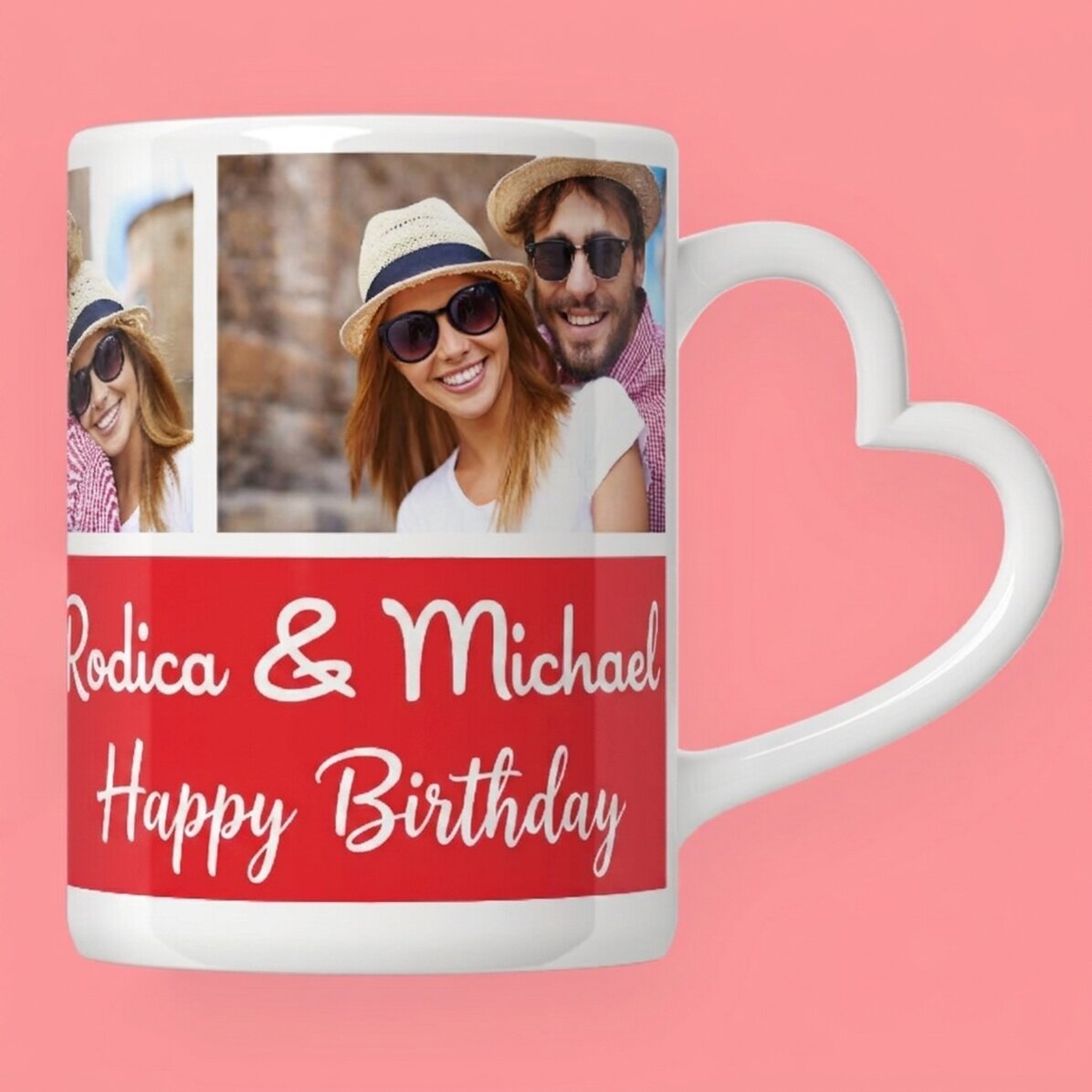 Personalised mug with 3 photos and text - heart-shaped handle design