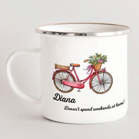 Customised enamel metal mug - retro bicycle design