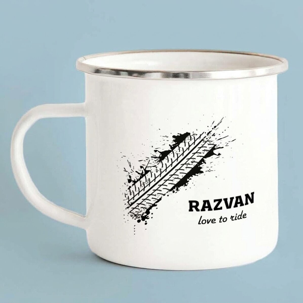 Personalised enamel metal mug - love to ride