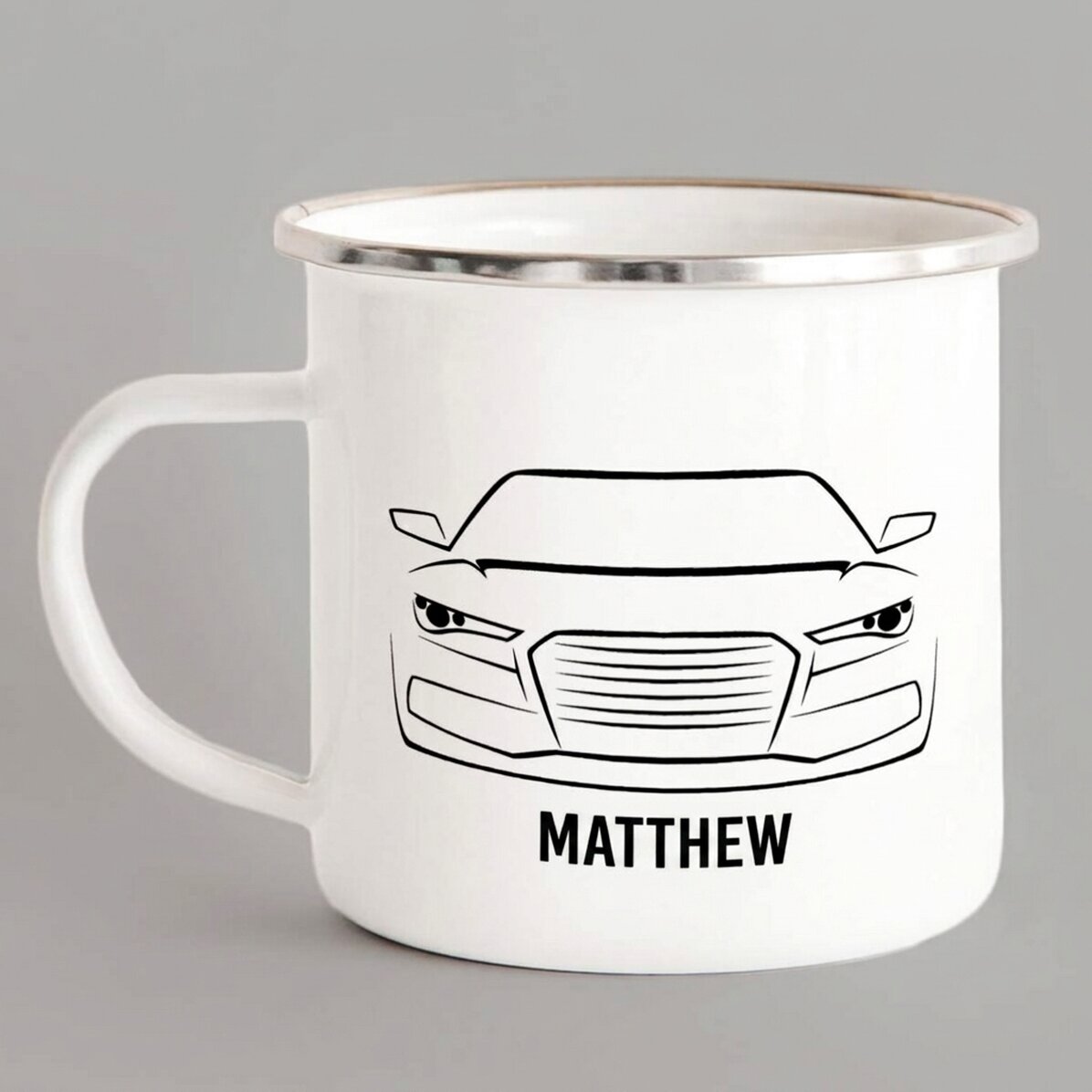 Personalised enamel metal mug for car enthusiasts