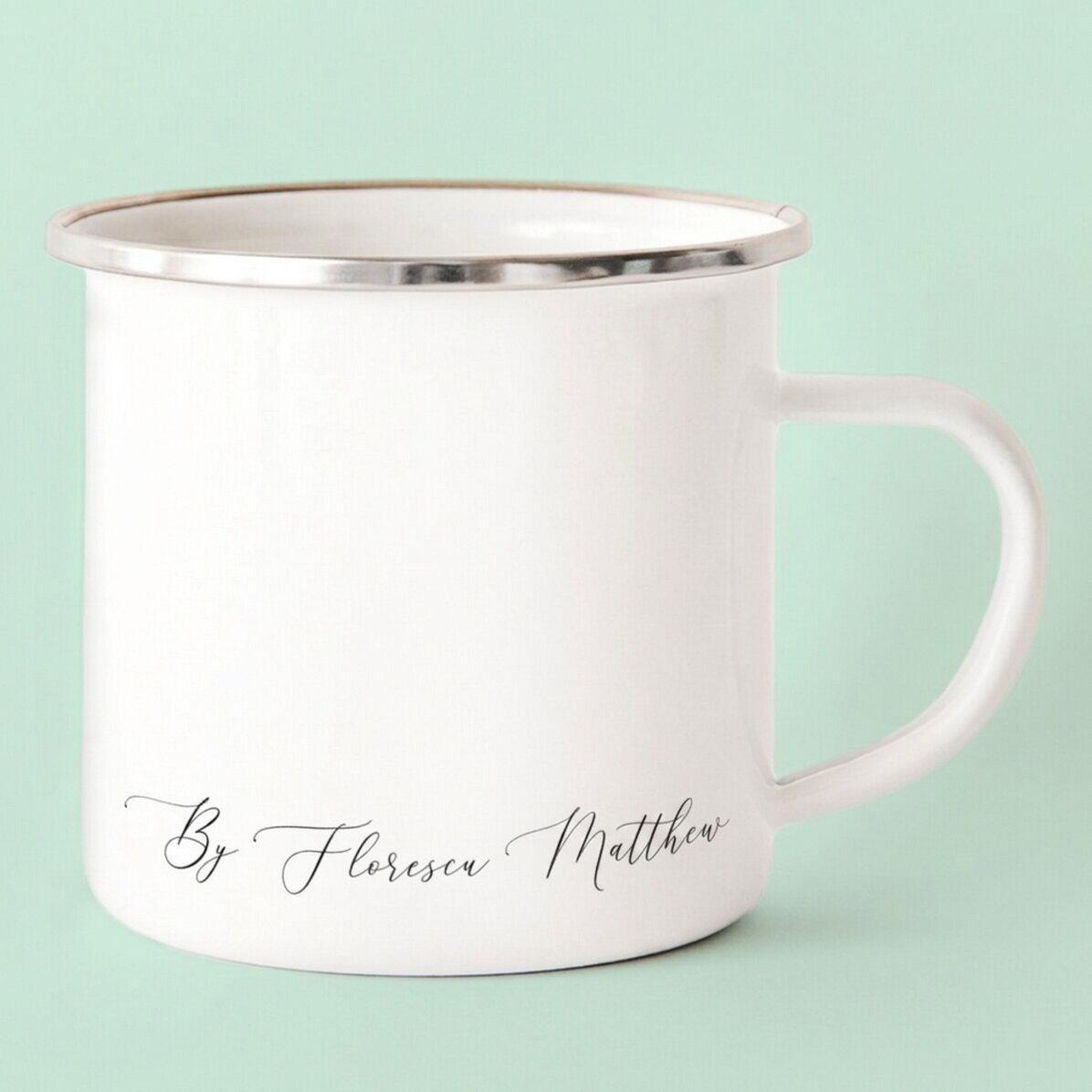 Personalised enamel metal mug with signature design